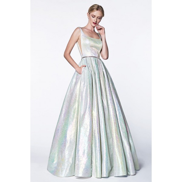 Metallic Holographic Floral Ball Gown With Illusion Sides And Pockets by Cinderella Divine -KC880