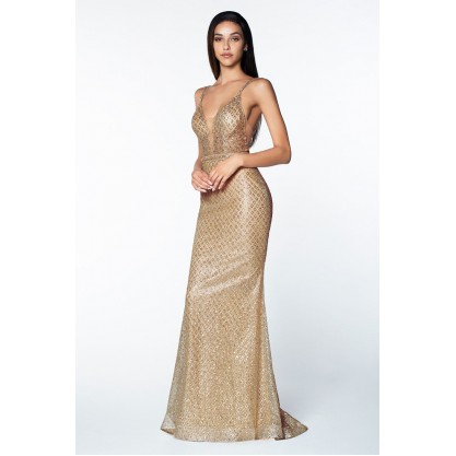 Fitted Glitter Gown With Deep Plunging Neckline And Open Back by Cinderella Divine -U102