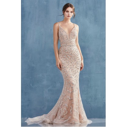 Fully Beaded V-Neckline Fit And Flare Gown by Andrea and Leo -A0639