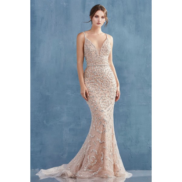 Fully Beaded V-Neckline Fit And Flare Gown by Andrea and Leo -A0639