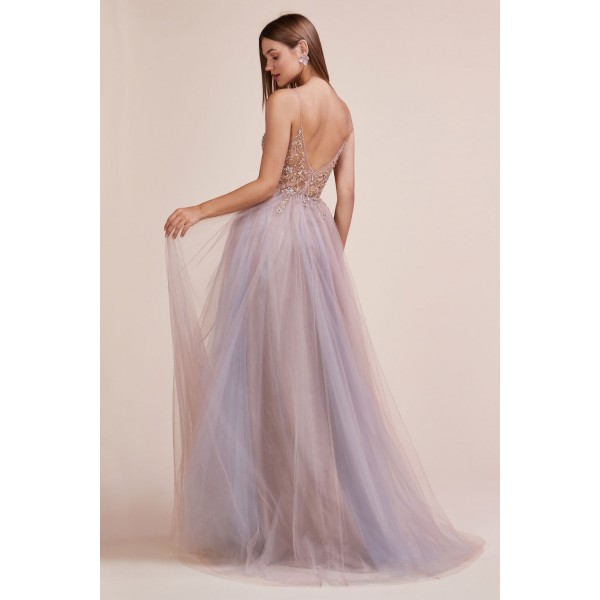 V-Neck Ethereal Floral Beaded Tulle A-Line With Leg Slit by Andrea and Leo -A0672