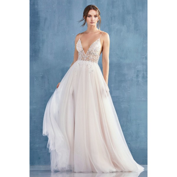 V-Neck Ethereal Floral Beaded Tulle A-Line With Leg Slit by Andrea and Leo -A0672