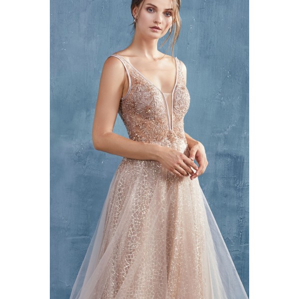 Romantic Vespertine Beaded V-Neckline A-Line Gown by Andrea and Leo -A0680