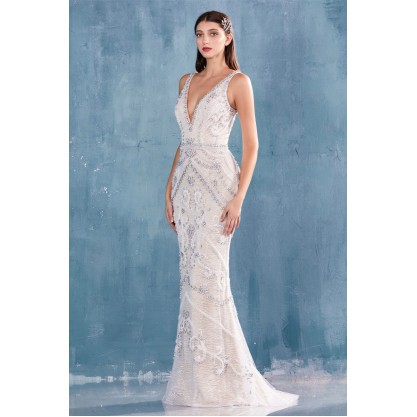 Opal Beaded And Glitterati V-Neck Sheath Gown by Andrea and Leo -A0723