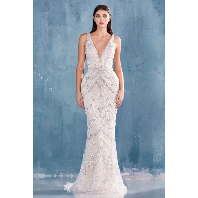 Opal Beaded And Glitterati V-Neck Sheath Gown by Andrea and Leo -A0723