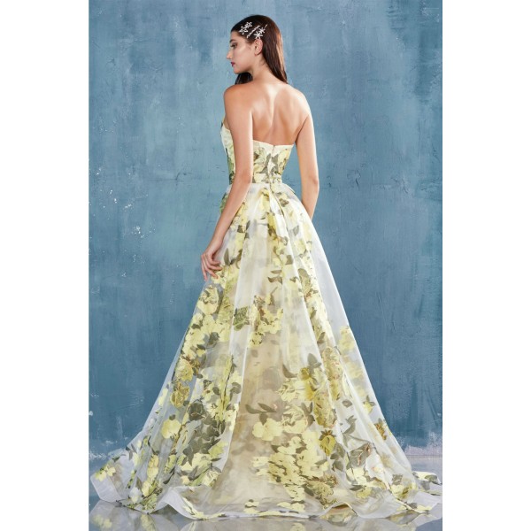Spaghetti Strap Sweetheart Sheath Organza Print Gown With An Overskirt. Back Zipper Closure, No Stretch. by Andrea and Leo -A0770