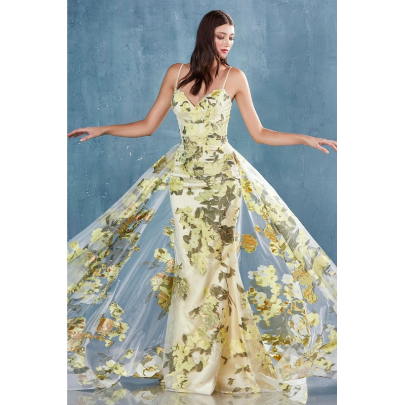 Spaghetti Strap Sweetheart Sheath Organza Print Gown With An Overskirt. Back Zipper Closure, No Stretch. by Andrea and Leo -A0770