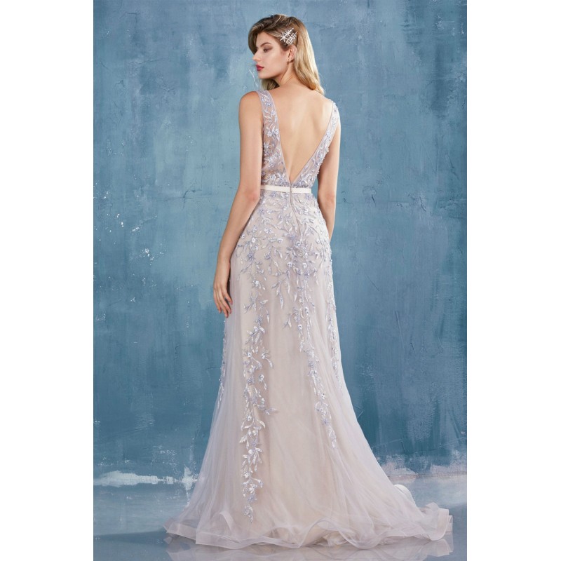 Beaded Lace V-Neck Fit And Flare Gown W/Slit by Andrea and Leo -A0817