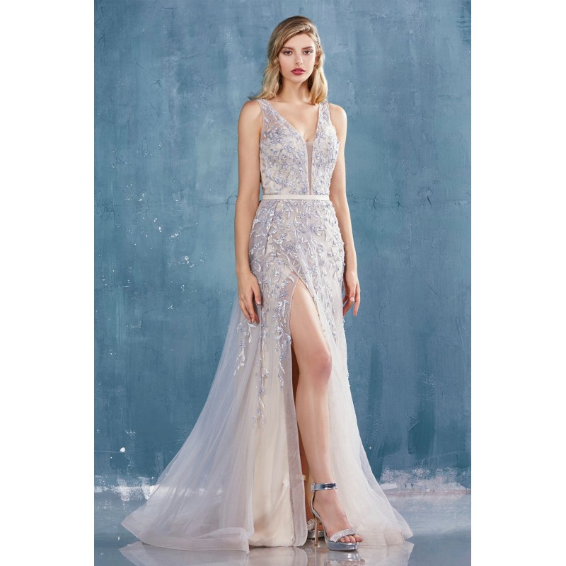 Beaded Lace V-Neck Fit And Flare Gown W/Slit by Andrea and Leo -A0817