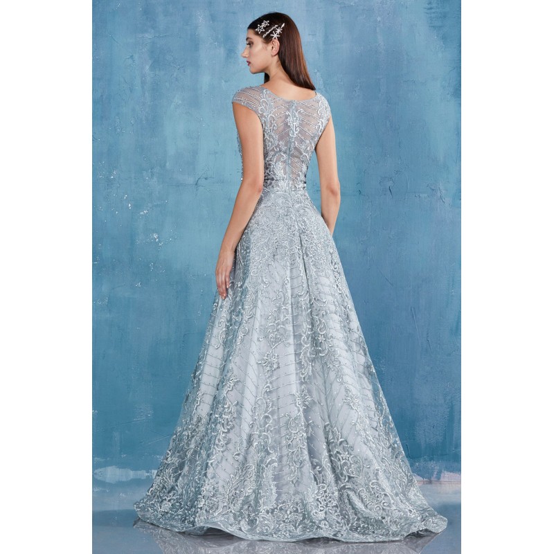 Intricate Bateau Neckline Beaded Lace Ballgown. Back Zipper Closure, Some Stretch by Andrea and Leo -A0820