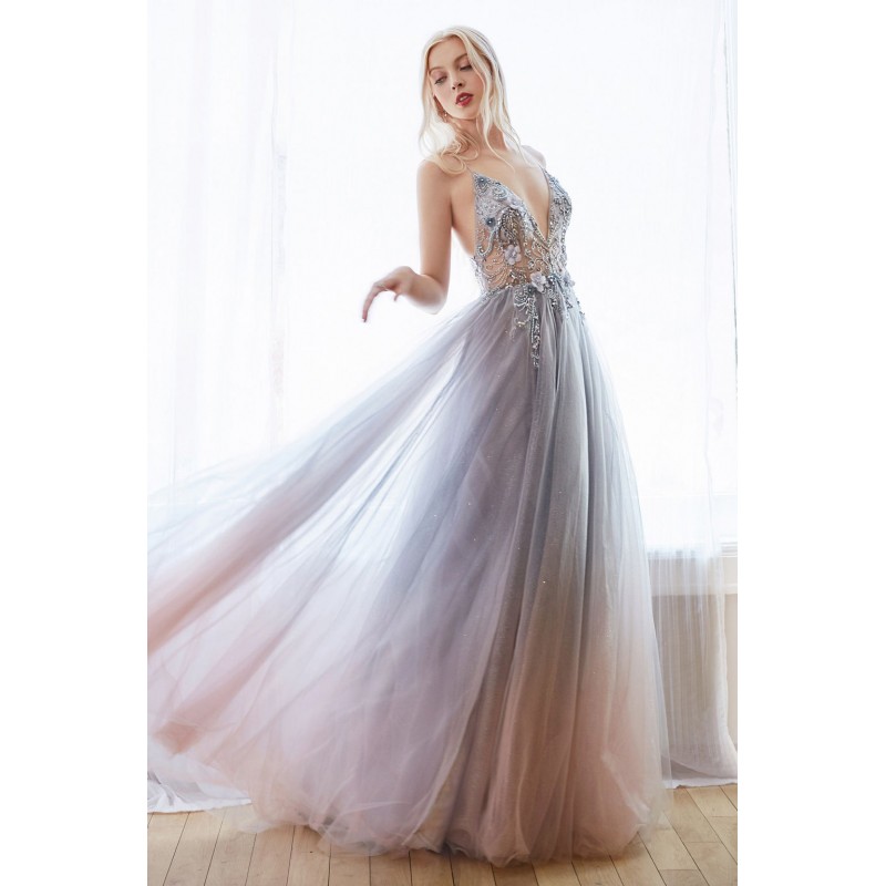 Dreamer 3D Floral And Beaded V-Neck Ombre Tulle A-Line Gown. Back Zipper Closure, Some Stretch. by Andrea and Leo -A0850