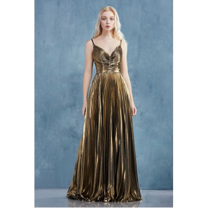 Gold Leaf Lame Pleated A-Line Gown. Back Zipper Closure, Some Stretch. by Andrea and Leo -A0863L