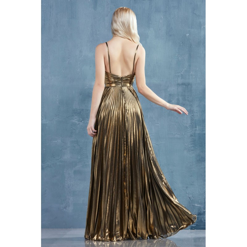 Gold Leaf Lame Pleated A-Line Gown. Back Zipper Closure, Some Stretch. by Andrea and Leo -A0863L