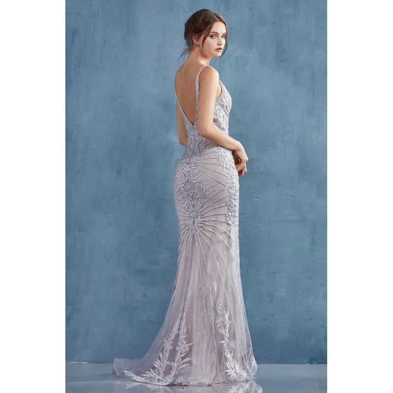 Fully Beaded Rhinestone And Pearl Halter Neck With Side Leg Slit. Low Back Zipper Closure. by Andrea and Leo -A0877
