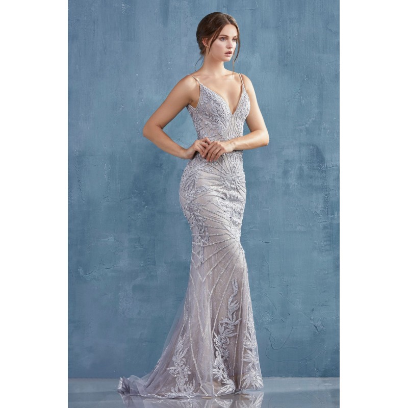Fully Beaded Rhinestone And Pearl Halter Neck With Side Leg Slit. Low Back Zipper Closure. by Andrea and Leo -A0877