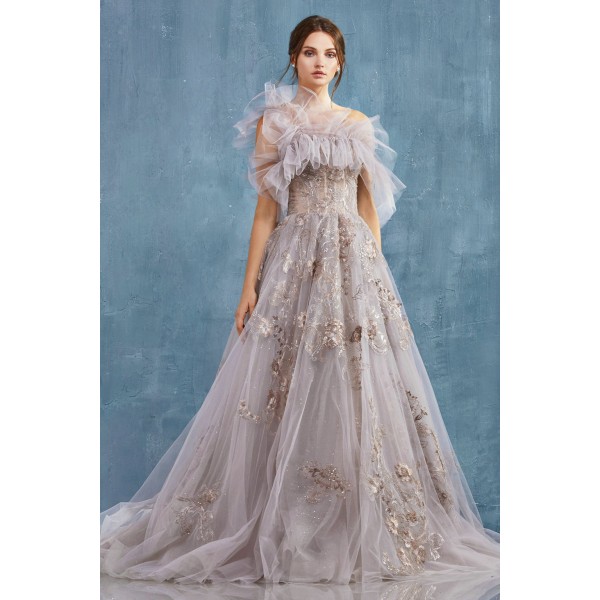 Embroidered Lace Ballgown With Detachable Ruffle Shawl. Back Zipper Closure. by Andrea and Leo -A0899