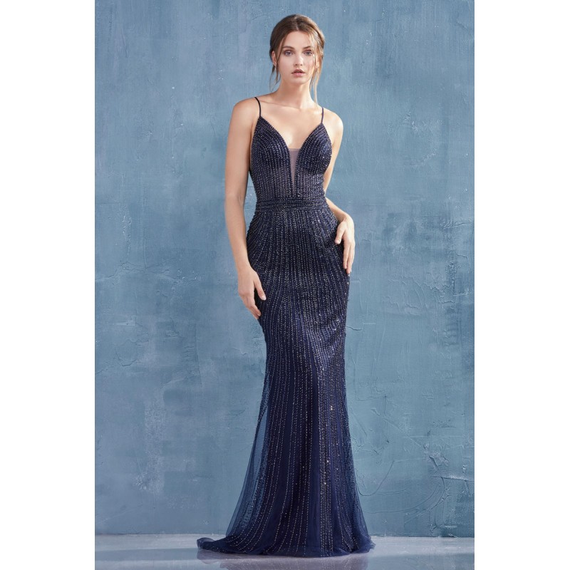 Fully Caviar Beaded V-Neck Sheath Gown. Some Stretch by Andrea and Leo -A0913