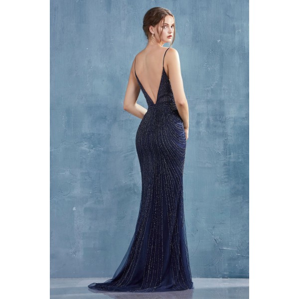 Fully Caviar Beaded V-Neck Sheath Gown. Some Stretch by Andrea and Leo -A0913