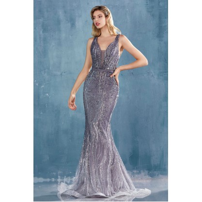 Mirrored Sequined Ombre V-Neck Fit And Flare Gown. Back Zipper Closure. by Andrea and Leo -A0915