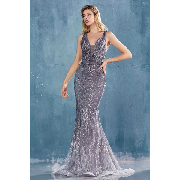 Mirrored Sequined Ombre V-Neck Fit And Flare Gown. Back Zipper Closure. by Andrea and Leo -A0915