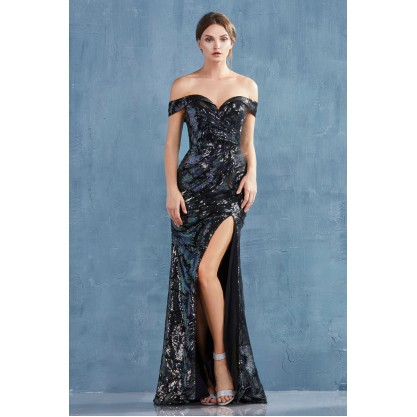 Sequined Sparkler Off The Shoulder Sheath Gown With Leg Slit. Back Zipper Closure, Some Stretch. by Andrea and Leo -A0918