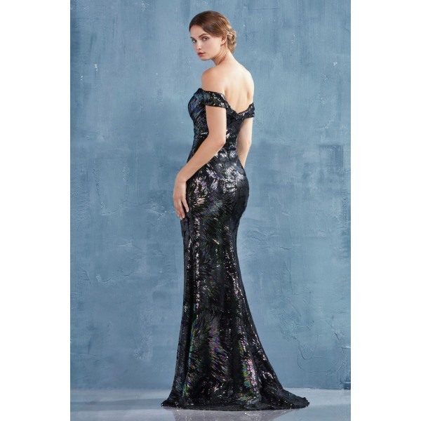 Sequined Sparkler Off The Shoulder Sheath Gown With Leg Slit. Back Zipper Closure, Some Stretch. by Andrea and Leo -A0918