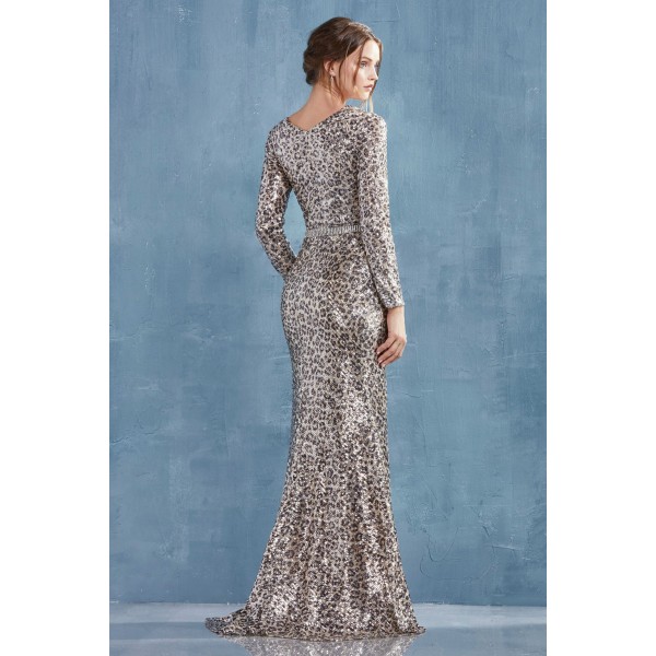 Leopard Long Sleeve Ruched Sequined Sheath Gown With Buckle Belt And Leg Slit by Andrea and Leo -A0938B