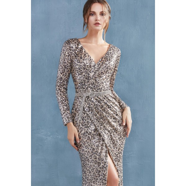 Leopard Long Sleeve Ruched Sequined Sheath Gown With Buckle Belt And Leg Slit by Andrea and Leo -A0938B