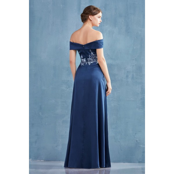 Off The Shoulder Embroidered Bodice Satin Gown With Slit. Back Zipper Closure. by Andrea and Leo -A0955