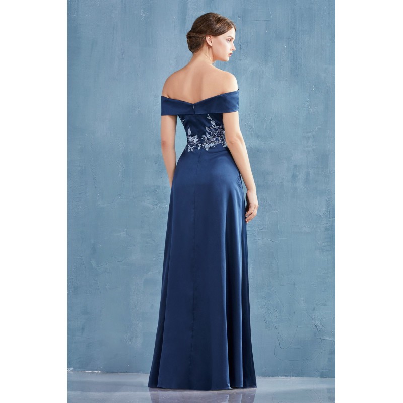 Off The Shoulder Embroidered Bodice Satin Gown With Slit. Back Zipper Closure. by Andrea and Leo -A0955