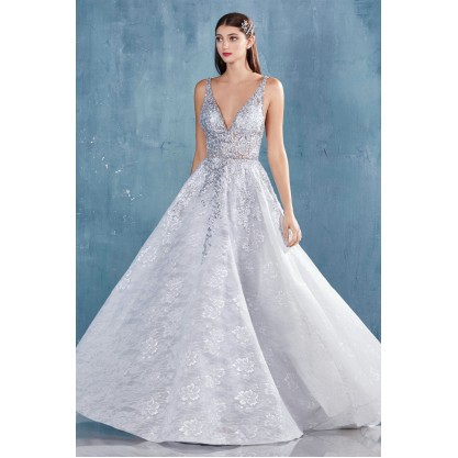 V-Neck Lace Ballgown With Criss Cross Back by Andrea and Leo -A0964