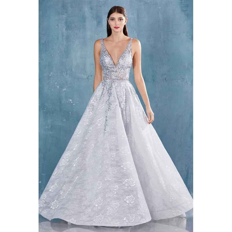 V-Neck Lace Ballgown With Criss Cross Back by Andrea and Leo -A0964