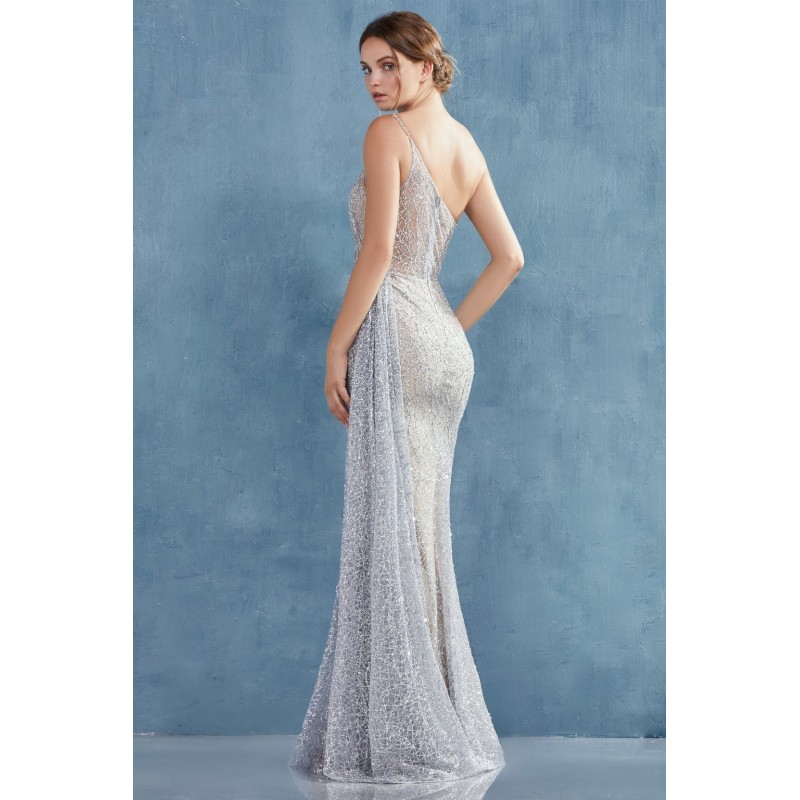 One Shoulder Glitter W/ Fully Beaded See Through Side Seam. Back Zipper Closure. by Andrea and Leo -A0975