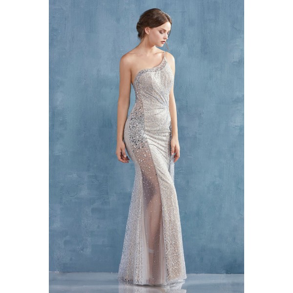 One Shoulder Glitter W/ Fully Beaded See Through Side Seam. Back Zipper Closure. by Andrea and Leo -A0975