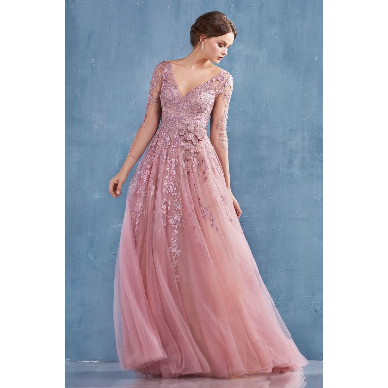 Long Sleeve Cherry Blossom Tulle A-Line Gown. Back Zipper Closure. by Andrea and Leo -A0988