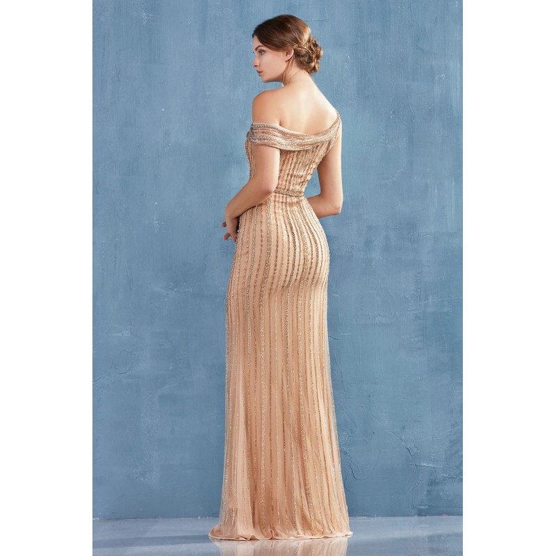 Modern Fully Beaded One Shoulder Gown With Leg Slit. Back Zipper Closure. by Andrea and Leo -A0994