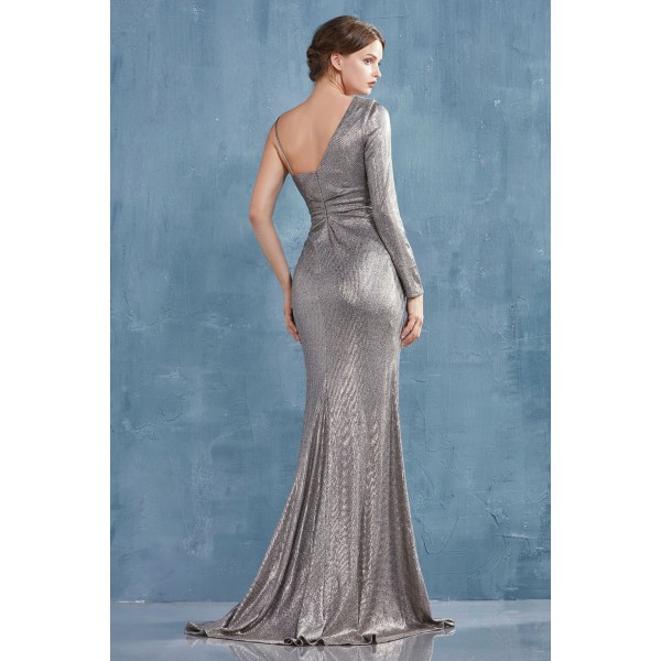 Metallic Elegance Asymmetric Gathered Gown With Leg Slit by Andrea and Leo -A1005