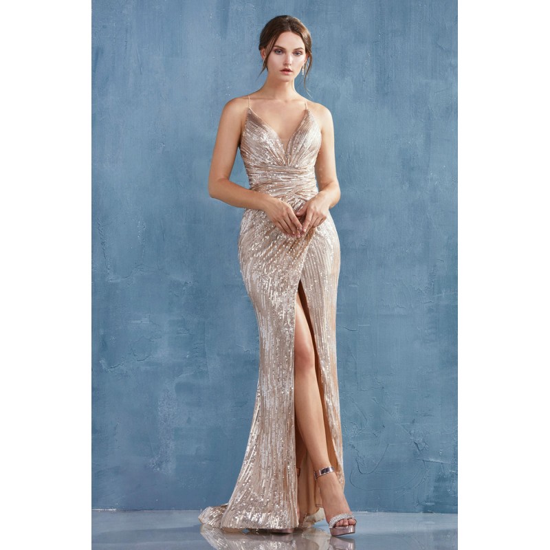 V Neck Ruched Sequin Gown by Andrea and Leo -A1008
