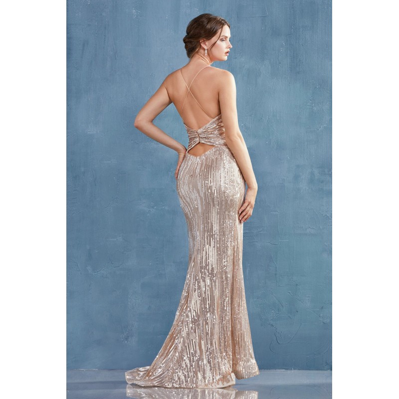 V Neck Ruched Sequin Gown by Andrea and Leo -A1008