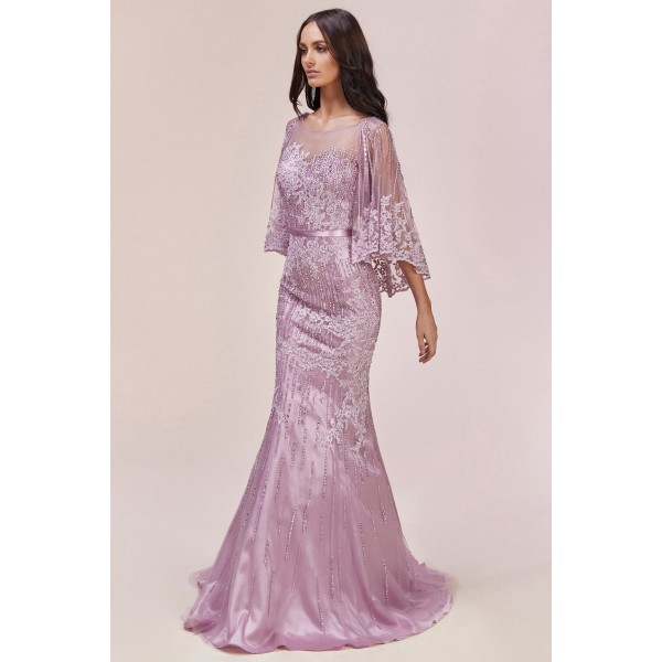 Lace Embellished Cape Gown by Andrea and Leo -5263