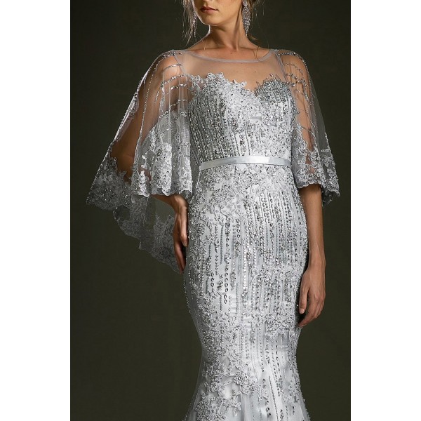 Lace Embellished Cape Gown by Andrea and Leo -5263