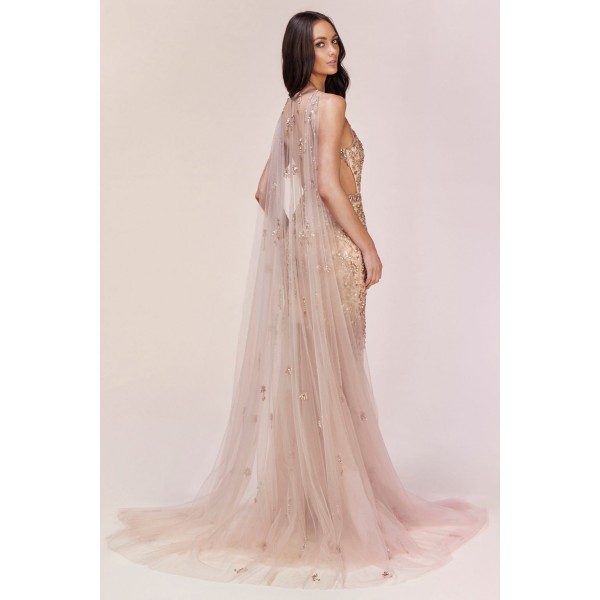 Empress Beaded Gown With A Stunning Beaded Tulle Cape And See-Through Skirt by Andrea and Leo -A0520