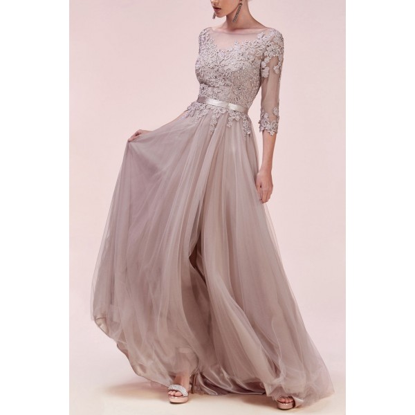 Dusty Floral Slv Gown by Andrea and Leo -A0571