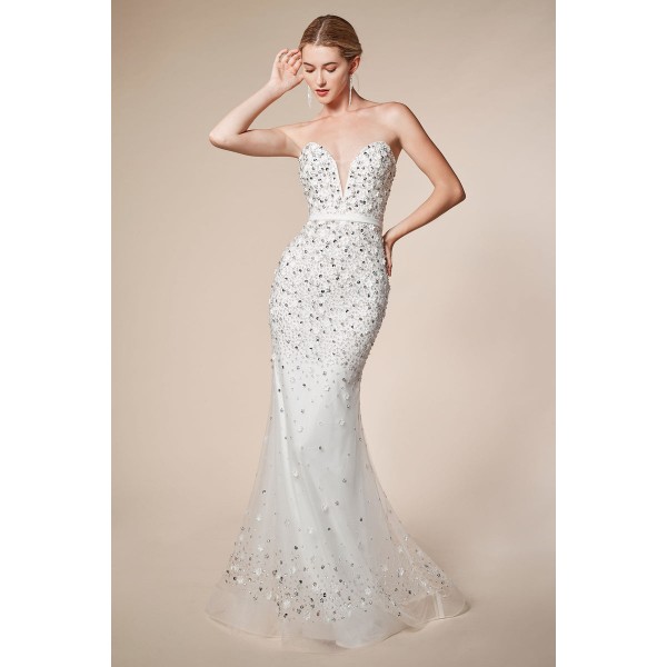 Strapless Plunging Sweetheart Springrain Beaded Mermaid Gown by Andrea and Leo -A0547