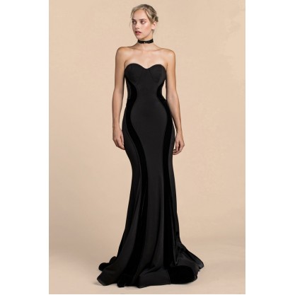 Strapless Crepe With Velvet Details Fit And Flare Gown by Andrea and Leo -A0321