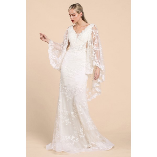 Victorian Lace Fit And Flare Gown With Dramatic Lace Flutter Sleeves by Andrea and Leo -A0460