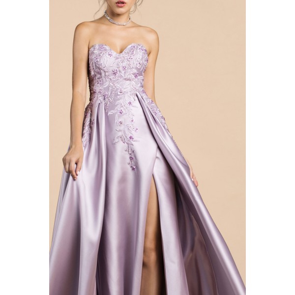 Strapless Sweetheart Duchess Satin Gown With A Leg Slit And Beaded Lace Details by Andrea and Leo -A0486