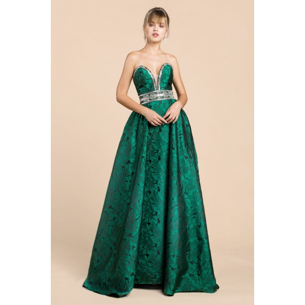 Strapless Sweetheart Palm Leaf Jacquard Ball Gown With Beaded Details by Andrea and Leo -A0517