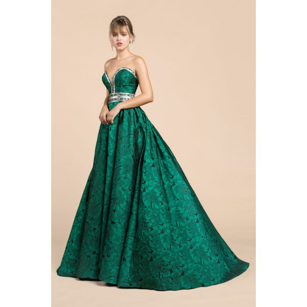 Strapless Sweetheart Palm Leaf Jacquard Ball Gown With Beaded Details by Andrea and Leo -A0517