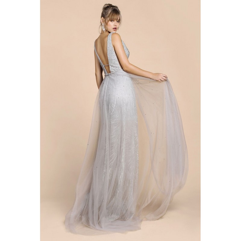 Silver Beaded Droplet Lace/Tulle A-Line Gown by Andrea and Leo -A0518